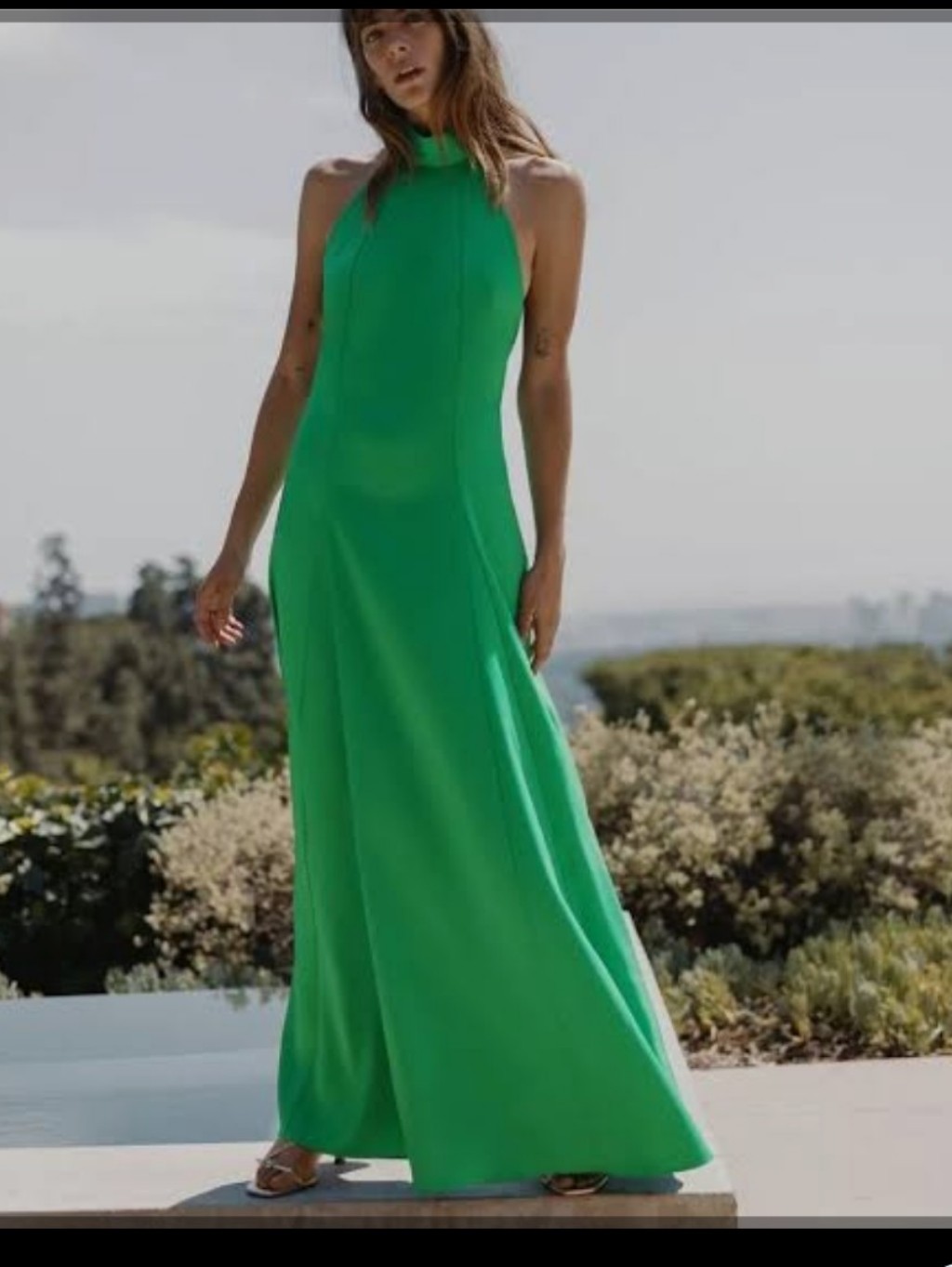 Nwt Zara Halter Neck Satin Effect Apple Green Long Maxi Dress Medium Formal